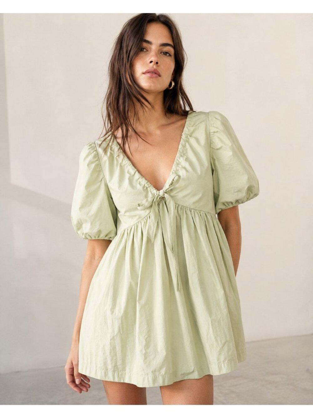 Abercrombie & Fitch Sage Green Puff Sleeve Tie Front Mini Dress MT Tall